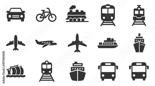 Transportation and logistics vehicle icons set including cars planes and trains in vector