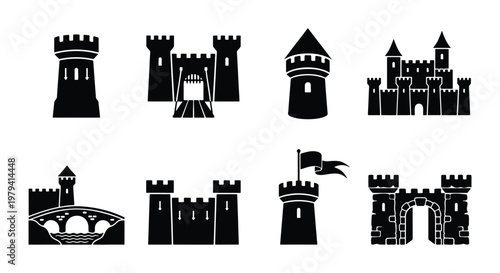 Medieval castle icons set, black silhouette fortress and tower vector elements, ancient stone citadel and palace architecture symbols for gaming and logos