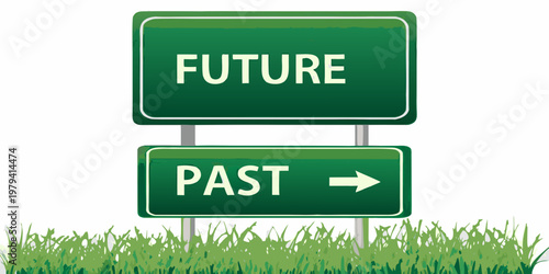 A green road sign presents a choice between the future and the past