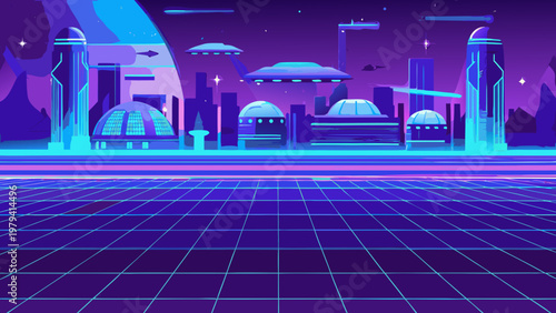 Futuristic cityscape with glowing neon lights and flying saucers