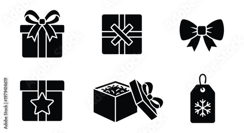 Minimalist gift box icon set, black silhouette holiday presents with ribbons and bows, 6 vector elements for Christmas and birthday shopping