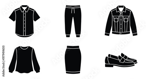 Minimalist clothing icons set, black silhouette apparel vector elements, 6 fashion garment symbols, casual wear and footwear collection for retail