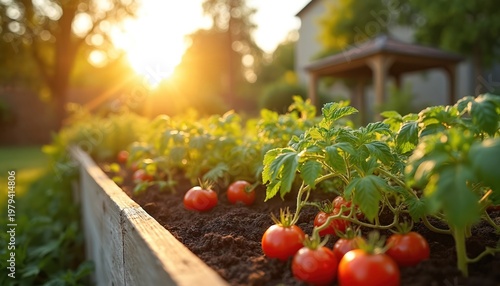 Red tomatoes grow on raised garden beds. Rich green plants bask in warm sunset light. Fresh produce ripens in a backyard farm, offering healthy food for the table.
