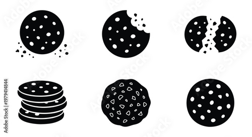 Minimalist chocolate chip cookie icons, black silhouette biscuit vector set, bitten and broken sweet snacks, flat food symbols for bakery branding