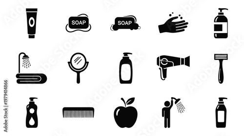 Personal hygiene and grooming routine icons set for health and wellness branding in vector