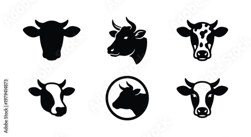 Cow head silhouette icons, set of 6 bull and cattle vector illustrations, black and white farm animal logos for butchery and dairy branding