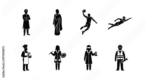 Professional people silhouettes, worker icons set, 8 human vector figures
