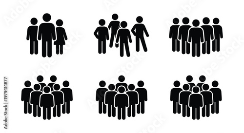 People group icons, black stick figure silhouettes, 6 vector team sets