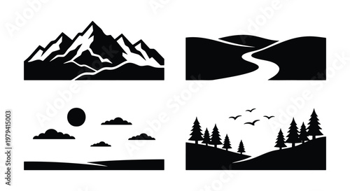 Minimalist mountain landscape icons, black and white nature scenery vector set, outdoor wilderness silhouettes with forest and river elements
