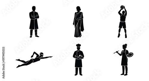 Professional people silhouettes, diverse career icons, 6 vector elements