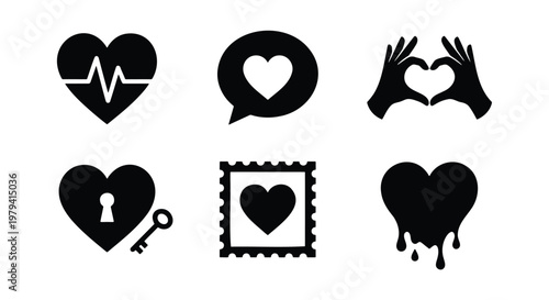 Heart icon set with 6 black vector elements, romantic love symbols for Valentine's Day, heart shapes with keyhole and heartbeat pulse line
