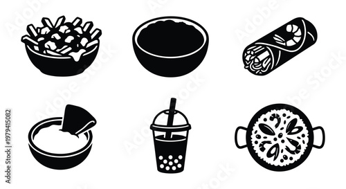Minimalist black food icons set, 6 international cuisine vector elements, poutine and spring roll symbols, bubble tea and paella graphics for menu design