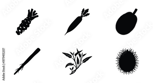 Black silhouette vegetable icons, set of 6 organic root vegetables and exotic fruits, minimalist wasabi and daikon radish vector elements