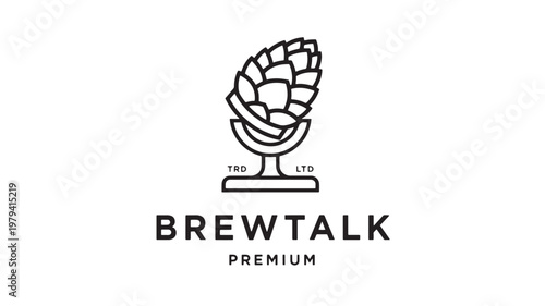Logo brewery premium with stylized hop cone emblem above bold modern lettering in minimalist black line design.