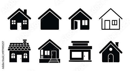 Minimalist house icon set, black silhouette home symbols for real estate, collection of 8 building vector elements for web design and property apps