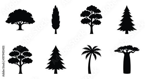 Black tree silhouettes, 8 nature vector icons, forest plant collection