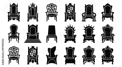 Medieval throne icons set, royal king chair silhouettes, 18 antique furniture vector elements, gothic and fantasy seat collection for gaming