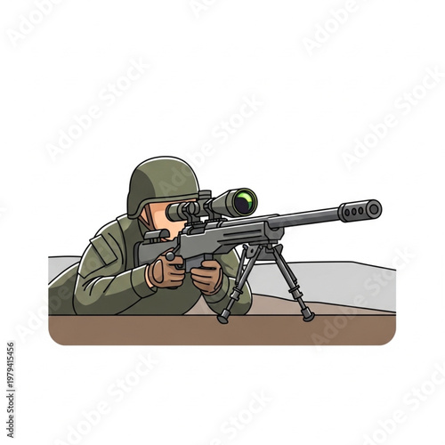Soldier Aiming Sniper Rifle Vector Illustration.