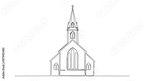 Church building icon with line art silhouette and steeple, centered illustration for religious and Christian themes