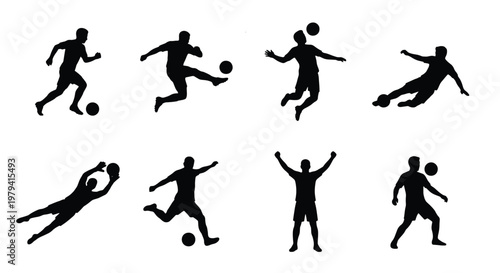 Soccer player silhouettes, 8 football athlete icons, sports vector set