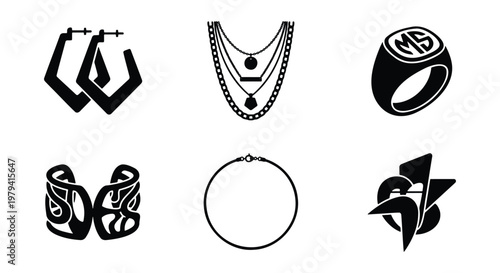 Minimalist jewelry icon set, black vector fashion accessories, collection of 6 elegant jewelry elements including rings, necklaces, and earrings