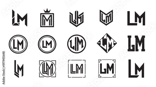 Letters LM monogram logo set with geometric shield, frame, crown and diamond designs in bold black line art
