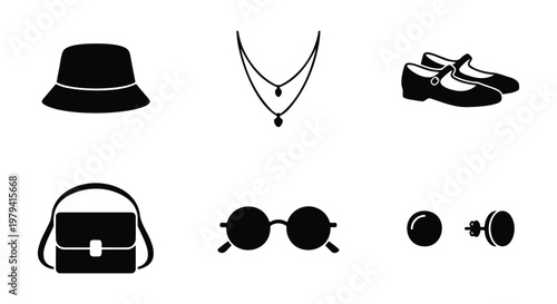 Minimalist fashion accessories icon set, black silhouette vector of 6 elements including hat, jewelry, and handbag, modern lifestyle apparel symbols