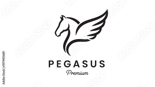 Pegasus logo icon with horse head and wings, minimalist black line art for premium fantasy branding featuring mythology, Greek mythology, emblem with