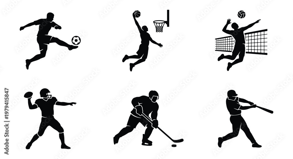 Fototapeta premium Sport athlete silhouettes, 6 black player icons, team sports vector set
