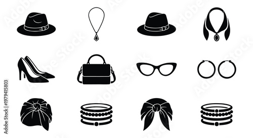 Vintage fashion accessories icon set, black silhouette women's clothing elements, 12 vector icons including hats, jewelry, and handbags