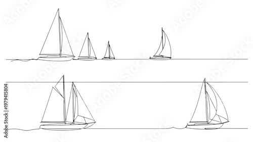 Sailboat sketches set with simple black line drawings on white background, showing different sail sizes and hull angles