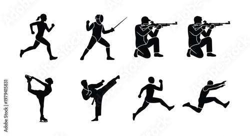Athletic sports silhouettes set, 8 athlete icons, black vector graphics