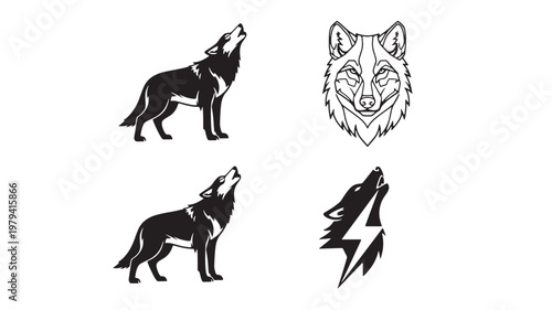 Wolf and dog head icons set with black bold silhouettes, lightning and angular paw prints, isolated on white background
