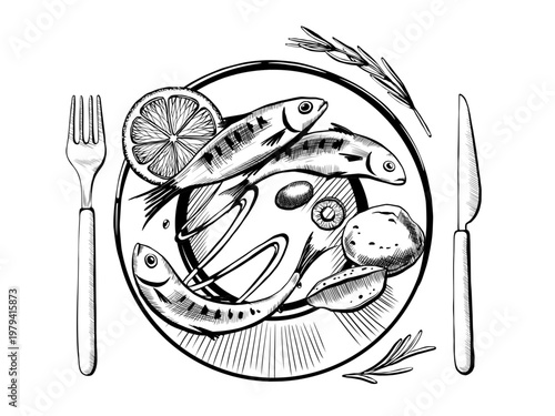 Rustic sardine dinner in minimalist vector line art. Plated seafood with potato, lemon and rosemary for farm-to-table restaurant menu, authentic cooking blog graphics and home dining lifestyle