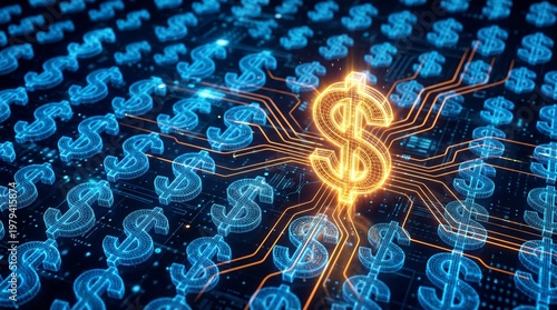 3D golden dollar sign glowing in futuristic digital network with blue circuit connections and data nodes