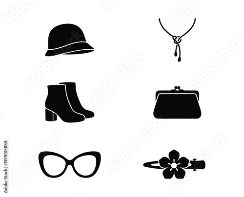Vintage fashion accessories icon set, black silhouette female clothing elements, retro style hat and jewelry vector, 6 elegant apparel icons