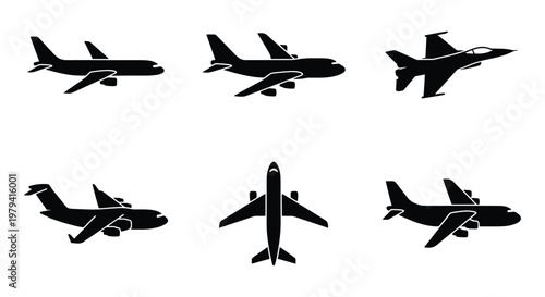Airplane silhouette icons set, commercial aircraft and fighter jet vector collection, black aviation transport symbols for travel and logistics