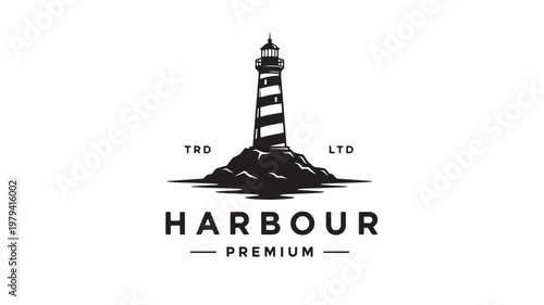 Lighthouse logo with surf waves and HARBOUR PREMIUM text for nautical branding and coastal identity featuring marine, maritime, seascape with coast