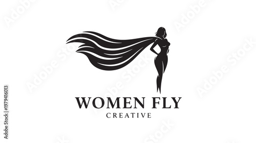 Woman fly logo with flowing black silhouette waves and creative typography for fashion and branding design concept