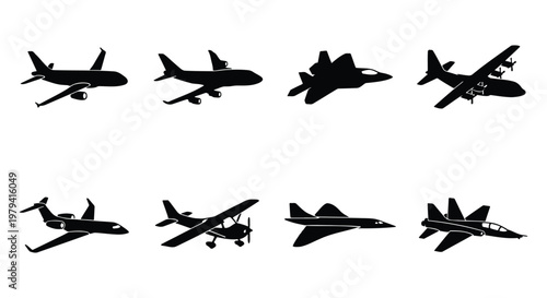 Airplane silhouette vector set, commercial aircraft and military jet icons, 8 aviation transport elements, black flying plane shapes on white