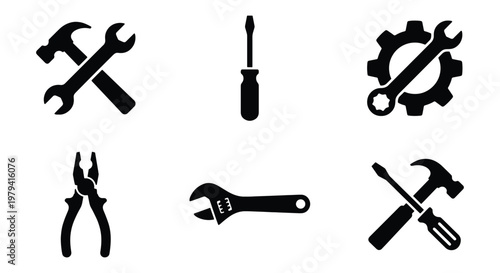 Industrial work tools icon set, black hardware vector, 6 repair symbols