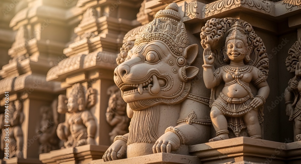 Fototapeta premium Intricate Stone Carvings of Hindu Deity and Mythical Creature Celebrating Varaha Jayanti at Temple