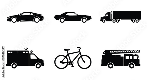 Vehicle silhouette icons, black transport set, 6 car and truck vectors