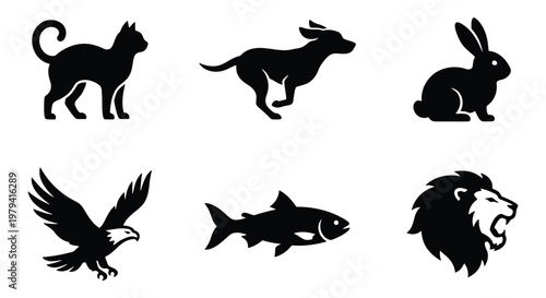 Minimalist animal silhouette icons set, black vector wildlife graphics of cat dog rabbit eagle fish and lion, 6 professional animal logo elements