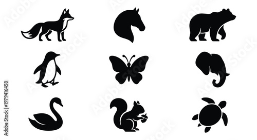 Minimalist animal silhouette icons, set of 9 black wildlife vector symbols, modern nature logo elements for branding and web design