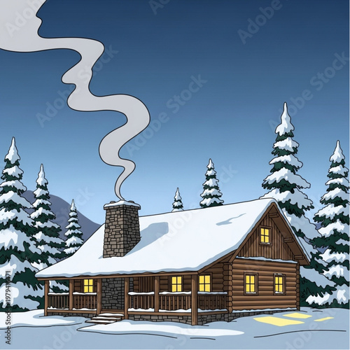 Pixel Art Log Cabin Winter Scene.