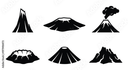 Volcano icon set, black mountain vector silhouettes, 6 nature elements