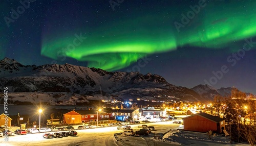 Spectacular Aurora Borealis Lights Up Arctic Village Under Starry Night Sky.