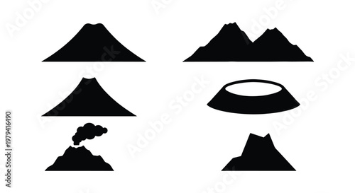 Volcano silhouette icons, mountain peak vector set, 6 nature elements