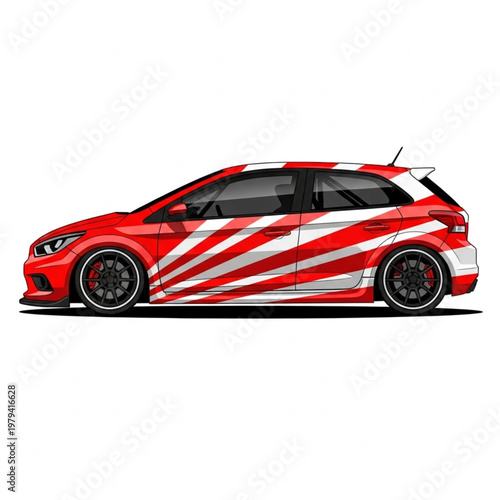 Red Car with White Stripes Design.
